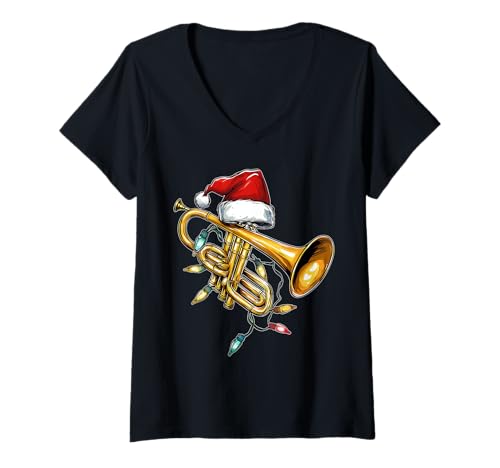 Damen Trompeteninstrument Trompeter Weihnachtsmütze Xmas T-Shirt mit V-Ausschnitt Damen Trompeteninstrument Trompeter Weihnachtsmütze Xmas T-Shirt mit V-Ausschnitt von Trumpet Instrument Trumpeter Christmas Santa Gifts