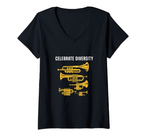 Damen Celebrate Diversity Trompete T-Shirt mit V-Ausschnitt von Trumpeter Jazz Trumpet Marching Band Gifts