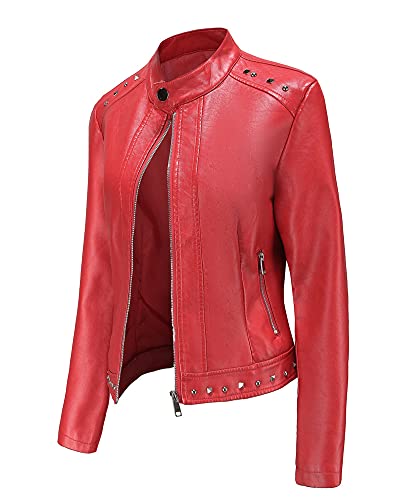 TrusMe Damen Lederjacken, Reißverschluss Motorrad Kurzer PU Moto Biker Outwear Coat, Casual,Rot,3XL von TrusMe