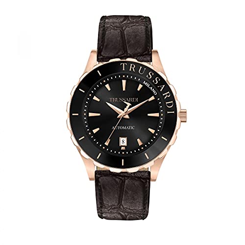 Trussardi Herren Uhr, T-Logo Kollektion, Zeit und Datum, Automatik, aus Edelstahl, Rosegold-PVD, Leder - R2421143001 von Trussardi