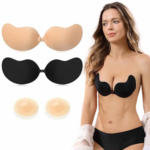 Trustnice Klebe BH Push Up, 2 Stück BH Trägerlos mit 1 Paar Nippelpads, Unsichtbarer Bra Wiederverwendbare, Silikon Haut Freundlich Selbstklebender klebebh für Party, Hochzeit, Badeanzug von Trustnice