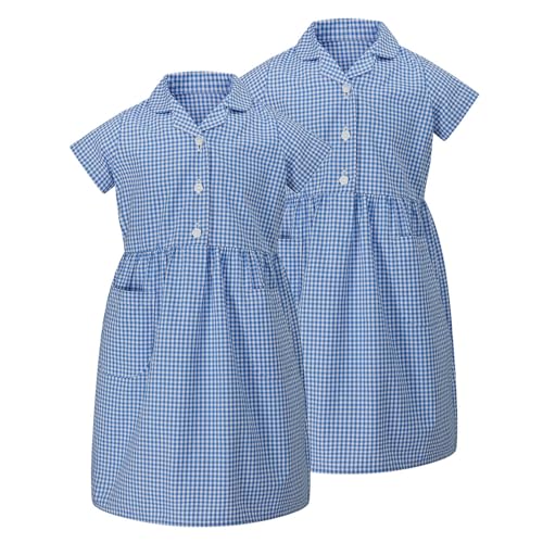 Trutex Basics Schulkleider mit blauem Gingham Design für Mädchen (3—12 Jahre), 2er Pack Schul Sommerkleider für Mädchen mit Taschen. Kleider und Schürzen für Mädchen echte Schuluniform von Trutex