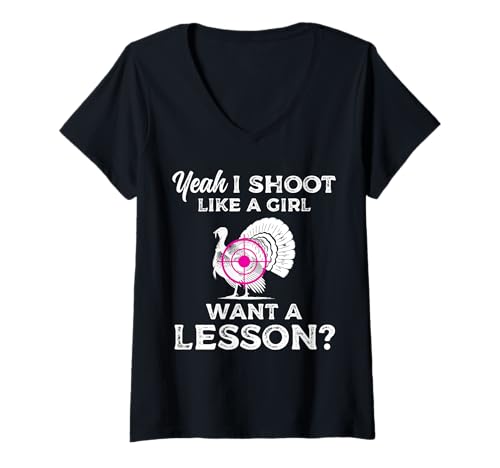 Damen Yeah I Shoot Like A Girl Want A Lesson? Turkey Hunting T-Shirt mit V-Ausschnitt Damen Yeah I Shoot Like A Girl Want A Lesson? Turkey Hunting T-Shirt mit V-Ausschnitt von Truthahn Jäger Design Idee
