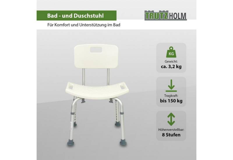 TRUTZHOLM Dusch- und Badhocker Duschstuhl mit Rückenlehne 39-53cm Anti Rutsch Sitzfläche, belastbar bis 150 kg, 8 fach höhenverstellbar TRUTZHOLM Dusch- und Badhocker Duschstuhl mit Rückenlehne 39-53cm Anti Rutsch Sitzfläche, belastbar bis 150 kg, 8 fach höhenverstellbar von Trutzholm