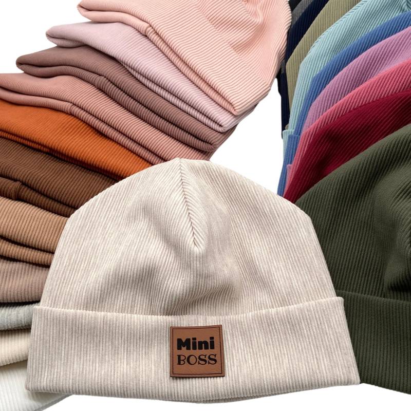 Hipster Beanie Mütze Ribjersey Für Kinder Mit Label Mini Boss Braun Babymütze Kindermütze Junge Mädchen Einfarbig Wintermütze Weihnachten von TryPinky