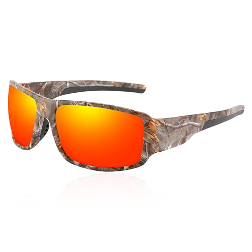 Polarisierte Angel-Sonnenbrille für Herren, Jagd-Sonnenbrille mit TR90-Camouflage-Rahmen, Angelbrille, um Fische im Wasser zu sehen, UV-Schutz, reduziert Blendung (Camouflage-Rot) von Tryway