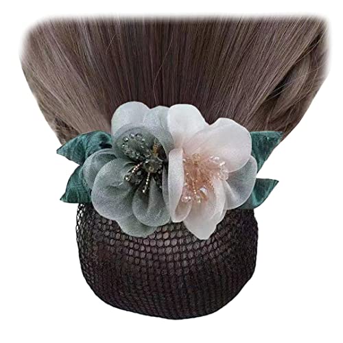 2 Stück Frauen Netz Haarspange Tüll Blume Haar Dutt Abdeckung Perle Blatt Haar Netz Clip Haarnadel für Damen Kopfbedeckung Champagner Grau von Tsangbaby