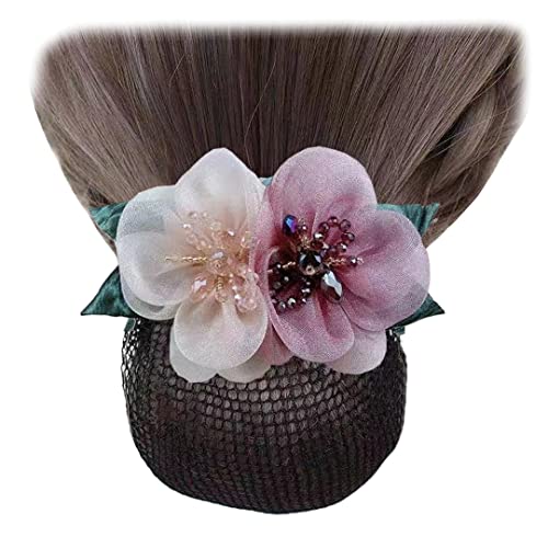 2 Stück Frauen Netz Haarspange Tüll Blume Haar Dutt Abdeckung Perle Blatt Haar Netz Clip Haarnadel für Damen Kopfbedeckung Hellrosa und Taro Lila von Tsangbaby