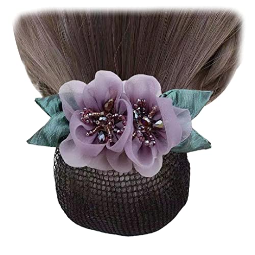 2 Stück Frauen Netz Haarspange Tüll Blume Haar Dutt Abdeckung Perle Blatt Haar Netz Clip Haarnadel für Damen Kopfbedeckung Lila von Tsangbaby