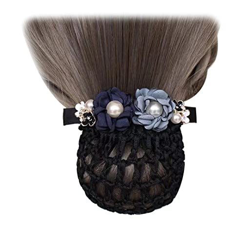 2 Stück Haarknoten Abdeckung Netz Elegante Perle Blume Netz Haarspange Elastische Ballett Haarspange Dutt Abdeckung für Frauen Tanzen Büro Navy und Grau Blau von Tsangbaby