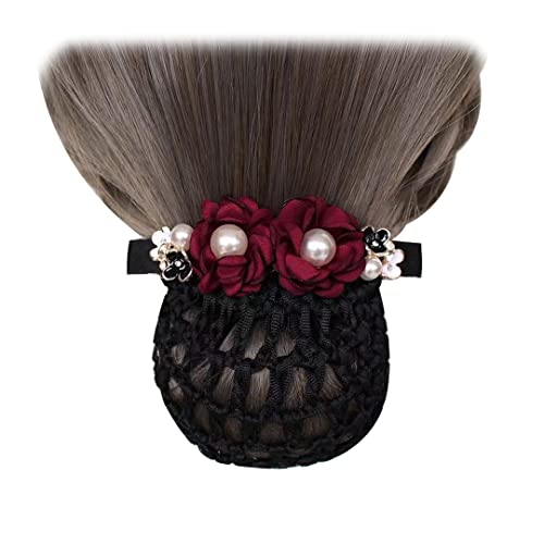 2 Stück Haarknotenabdeckung Netz Elegant Perle Blume Netz Haarspange Elastische Ballett-Haarspange Dutt Abdeckung für Frauen Tanzen Büro Weinrot von Tsangbaby