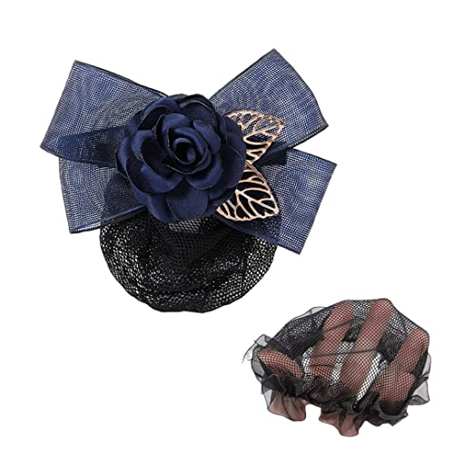 2 Stück Schleife, Netz-Clip, Kopfschmuck, elegantes Blumennetz, Haarspange, goldfarben, hohles Blatt, Haarknotenabdeckung für Damen, Haardekoration, Marineblau, feines Netz von Tsangbaby