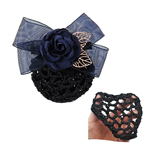 2 Stück Schleife, Netz-Clip, Kopfschmuck, elegantes Blumennetz, Haarspange, goldfarben, hohles Blatt, Haarknotenabdeckung für Damen, Haardekoration, marineblau, raues Netz von Tsangbaby