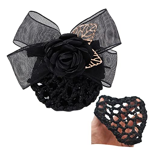 2 Stück Schleife, Netz-Clip, Kopfschmuck, elegantes Blumennetz, Haarspange, goldfarben, hohles Blatt, Haarknotenabdeckung für Damen, Haardekoration, schwarzes grobes Netz von Tsangbaby