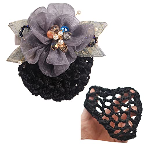 2 Stück Tüll-Blumen-Netz-Haarspange Perlen Schleife Haarknoten Abdeckung Elastische Haarnadel Haarnetz Clips für Frauen Dame Kopfschmuck Grau Rough Mesh von Tsangbaby