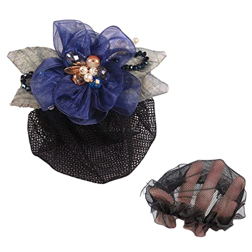 2 Stück Tüll-Blumen-Netz-Haarspange mit Perlen, Schleife, Haarknotenabdeckung, elastische Haarnadel, Haarnetz-Clips für Damen, Kopfschmuck, Marineblau, feines Netz von Tsangbaby