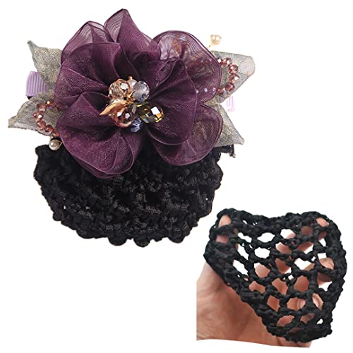 2 Stück Tüll-Blumen-Netz-Haarspange mit Perlen, Schleife, Haarknotenabdeckung, elastische Haarnadel, Haarnetz-Clips für Damen, Kopfschmuck, lila, raues Netz von Tsangbaby