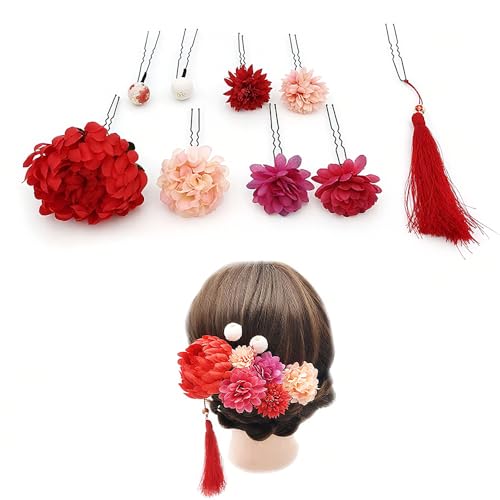 9 Stück Blume Haarschmuck Japanische Kimono Haarstab Hairpin Haarstäbchen Haarschmuck Blumen U-Förmig Hochzeit Haar Accessoire für Mädchen Und Frauen von Tsangbaby