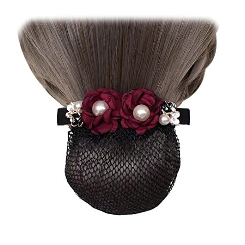 Elastische Haarspange mit Perlen, Blume, Haarnetz, Clip, Damen, Haarknotenabdeckung, modische Haarnadel für Damen, Kopfschmuck, Weinrot, 2 Stück von Tsangbaby