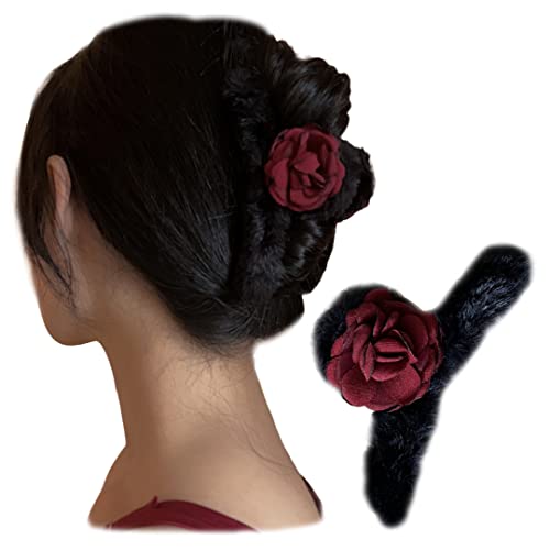 Elegante rote Rose Plüsch Klaue Clip Frauen 4,7 Zoll große schwarze Kunstpelz rutschfeste Haarklammer für dickes, dünnes langes Haar von Tsangbaby
