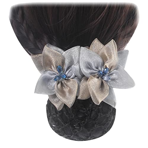 Haarspange mit Blumennetz, elastisch, Spitze, Blume, Perlen, Haarknoten, klassische Haarnadel, Haarnetzclip für Kopfbedeckungen, 2 Stück, Silbergrau von Tsangbaby