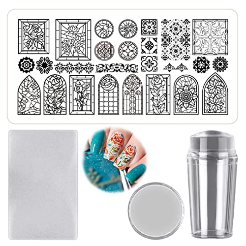 Nagelstempelplatten Set Kirche Fenster Nägel Kunst Stamping Platte Schaber Stempel Set Rose Nail Art Bildplatte für Anfänger von Tsangbaby