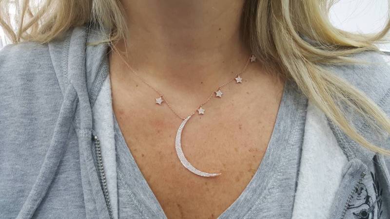 14K Rose Gold Mond Und Sterne Halskette Einstellung Diamanten, Schmuck Gold Halbmond Anhänger, Für Ihre Valentinstag Geschenke von TsarfatyJewellery4U