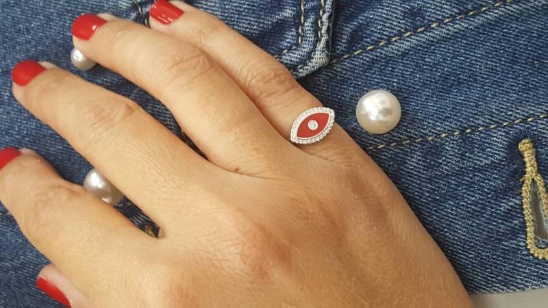 14K Weißgold Evileye Rot Emaille Ring Setzen Diamanten Um, Böse Auge Gold Ring, Schmuck, Geschenk Für Sie, Einzigartige Emaille-Ring von TsarfatyJewellery4U
