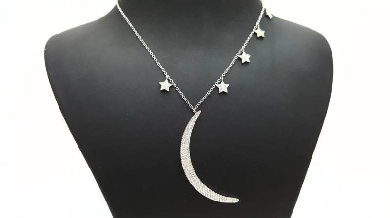 14K Weißgold Mond Und Sterne Halskette Einstellung Diamanten, Schmuck Gold Halbmond Anhänger, Für Ihre Valentinstag Geschenke von TsarfatyJewellery4U