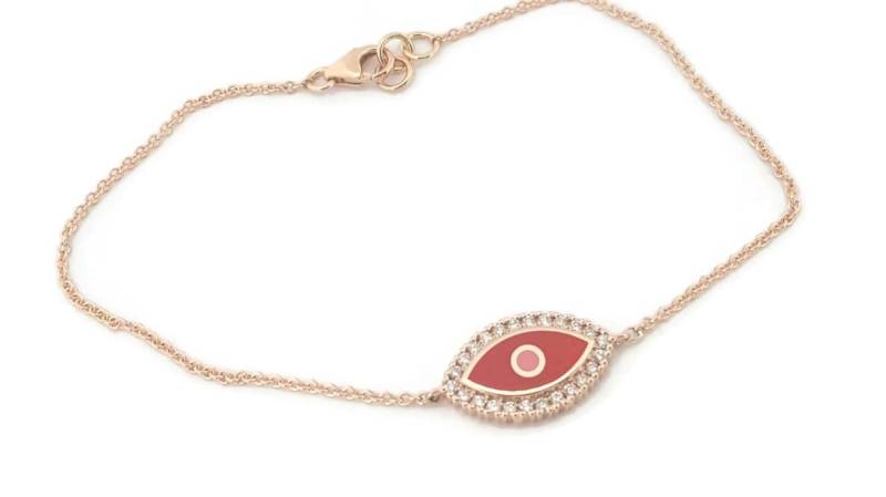 Böses Auge Armband, 14K Rose Gold Rot Emaille, Setzen Diamanten Um, Diamant-Schmuck-Geschenk Für Sie, Böse Stern Armband von TsarfatyJewellery4U