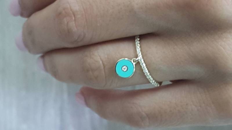 Evil Eye 14K Gelbgold Ring Mit Runden Schwingenden Element Einstellung Diamanten, Türkis Emaille Evileye Ring, Geschenk Für Sie, Jeden Tag von TsarfatyJewellery4U
