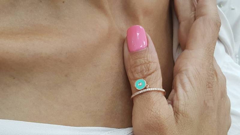 Evil Eye 14K Rose Gold Ring Mit Runden Schwingenden Element Setzen Diamanten, Türkis Emaille Evileye Ring, Geschenk Für Sie, Jeden Tag von TsarfatyJewellery4U