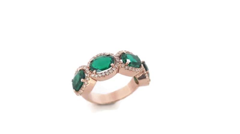 Verlobung Pave Ring, 14K Rose Gold, 4 Ovale 7/5mm Smaragd Lab, Setzen Diamanten Um, Art-Deco-Ring, Versprechen Smaragde Geschenk Für Sie von TsarfatyJewellery4U