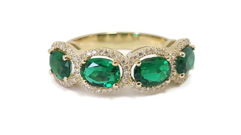 Verlobung Stellpflaster Ring 14K Gelbgold Mit 4 Ovale 7/5mm, Smaragd Lab Einstellung Diamanten Um, Ring, Geschenk Für Sie, Art-Deco-Ring von TsarfatyJewellery4U