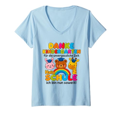 Damen Tschüss Kindergarten Hello School 2025 Colourful T-Shirt mit V-Ausschnitt Damen Tschüss Kindergarten Hello School 2025 Colourful T-Shirt mit V-Ausschnitt von Tschüss Kindergarten Hello School 2025 Tee