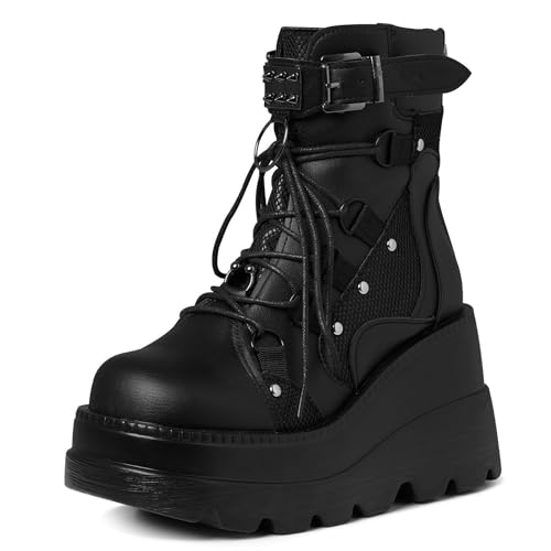 Tscoyuki Plateau-Stiefeletten für Damen, klobig, High Heel, Stiefeletten, Gothic, runde Zehenpartie, Kampfstiefel, Damen, Schnürung, Motorradkeile, 1-schwarz, 40 EU von Tscoyuki