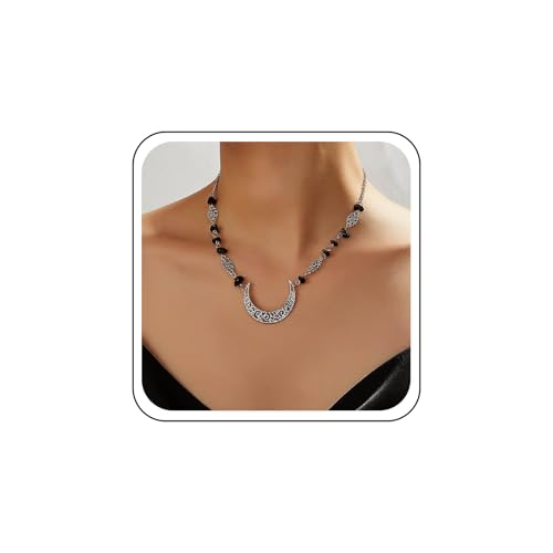 TseanYi Große Halbmond-Anhänger Halskette Silber Filigrane Halbmond-Halskette Schwarze Natursteinperlen Halsketten Vintage Filigrane Blume Gliederhalsketten Hohl Mond Charm Halsband Kette von TseanYi