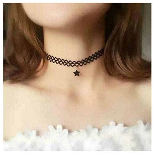 TseanYi Halskette mit kurzem Stern-Anhänger, schwarz, elastisch, Boho-Spitze, Schmuck für Damen und Mädchen von TseanYi