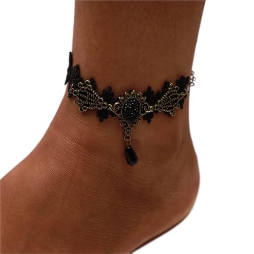 TseenYi Barfußsandalen Schnürung Spitze Fußkettchen Armbänder Schwarz Gothic Fußkettchen Mode Kristall Fußkettchen Handgefertigter Fußschmuck Für Frauen Und Mädchen(1 Stück) von TseenYi