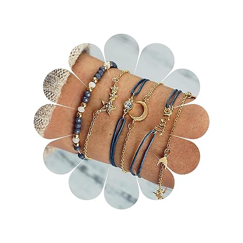 TseenYi Boho Armband Set Stern Mond Anhänger Armreif gestapelt Perlen Strass Handgelenk Kette Mode Armband Schmuck für Frauen und Mädchen Geschenk Weihnachten 6Pcs von TseenYi