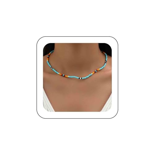 TseenYi Boho Beadeds Choker Halskette Bunte Samenperlen Halskette Kleine Perlen Halskette Winzige Perlen Choker Halskette Blau Reisperlen Kurze Halskette Mini Perlen Kette Halskette von TseenYi