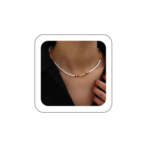 TseenYi Boho Beadeds Choker Halskette Bunte Samenperlen Halskette Kleine Perlen Halskette Winzige Perlen Choker Halskette Weiße Reisperlen Kurze Halskette Mini Perlen Kette Halskette von TseenYi