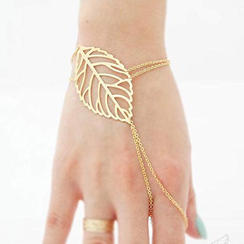 TseenYi Boho Blatt Finger Ring Armband Gold Sklave Armband Ring Verstellbare Hand Kette Schmuck für Frauen Mädchen (Gold) von TseenYi