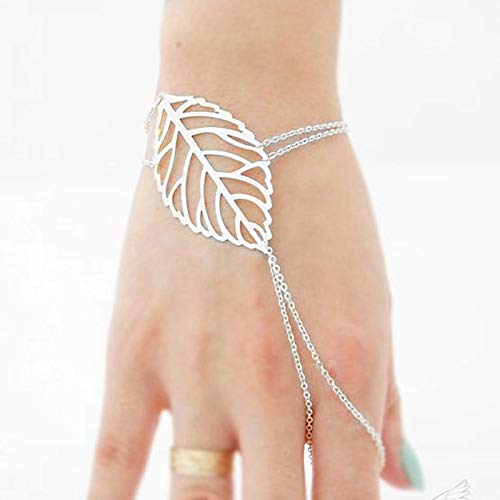 TseenYi Boho Blatt Finger Ring Armband Gold Sklave Armband Ring Verstellbare Hand Kette Schmuck für Frauen Mädchen (Silber) von TseenYi