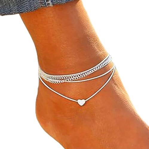 TseenYi Boho Geschichtet Herz Fußkettchen Silber Herz Liebe Fußkettchen Armbänder Dünne Kette Mehrlagig Fußkettchen Retro Weben Seil Fuß Kette Sommer Strand Fußschmuck Für Frauen Und Mädchen Geschenke von TseenYi