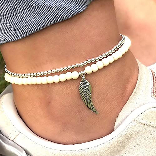 TseenYi Boho Geschichtet Perlen Fußkettchen Sets Geschichtet Samen Perlen Stretch Fußkettchen Silber Flügel Knöchel Armbänder Winzige Perlen Gestapelt Fuß Kette Strand Fußschmuck Frauen Und Mädchen von TseenYi