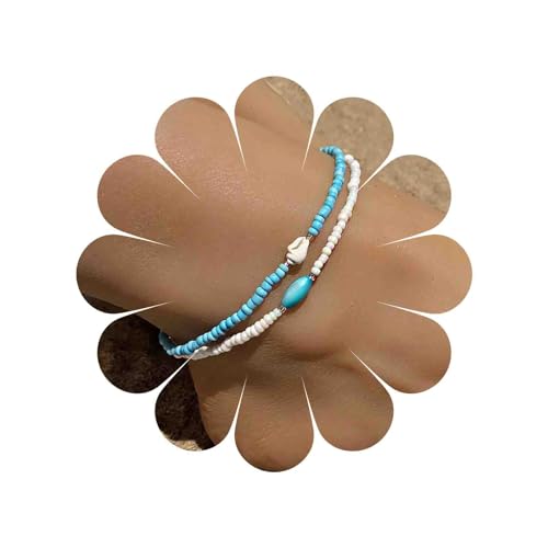 TseenYi Boho Geschichtet Perlen Fußkettchen Sets Muschel Türkis Fußkettchen Armband Geschichtet Perlen Stretch Fußkettchen Perlen Samen Fußkettchen Strand Fußkette Schmuck Für Frauen Und Mädchen(Blau) von TseenYi