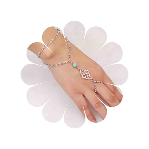 TseenYi Boho Geschichtet Türkis Finger Ring Armband Blumen Armband Hand Kette Durchbrochene Blumen Sklave Armband Kette Strand Hochzeit Schmuck Für Frauen Und Mädchen（Silber 1 Stück von TseenYi