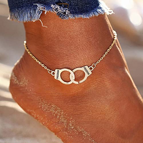 TseenYi Boho Handschellen Fußkettchen Goldkette Barfuß Sandalen Fußkettchen Ineinander Greifende Kreise Sommer Strand Fußschmuck Für Frauen Und Mädchen Geschenke von TseenYi