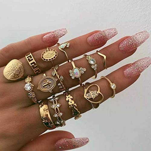 TseenYi Boho Knöchelringe Gold Kristall Knöchel Fingerringe Hohl Stapelbare Gelenkringe Set Vintage Midi Ringe Handschmuck für Frauen und Mädchen (Gold 1) von TseenYi